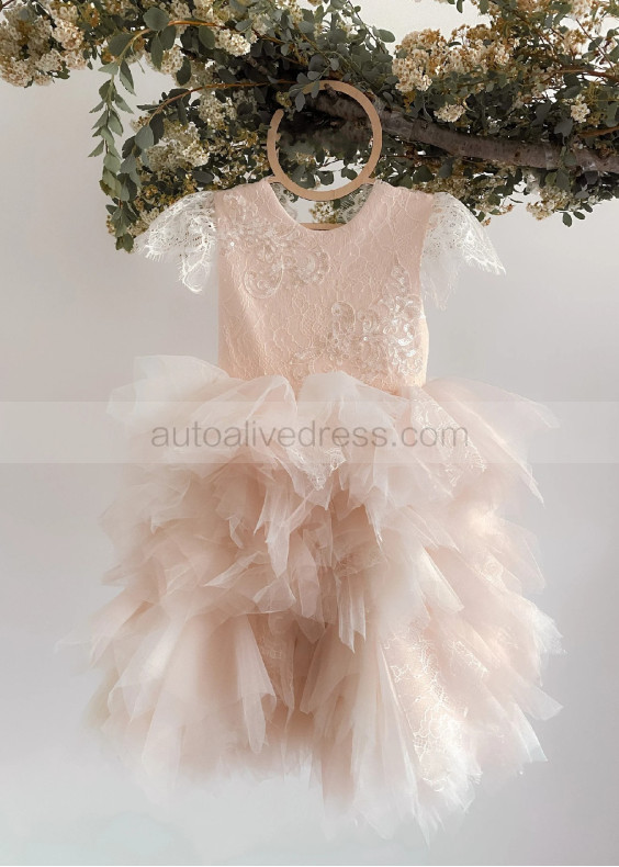 Lace Tulle Ruffled Sheer Back Flower Girl Dress